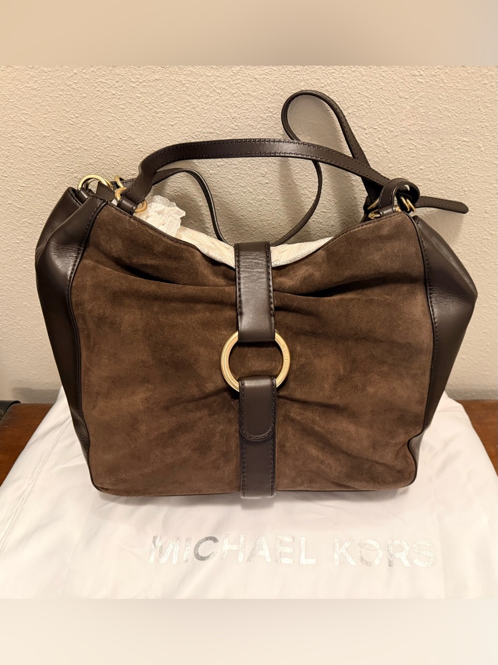 NWOT Michael Kors Brown Suede and Leather Shoulder Bag with Gold Ring